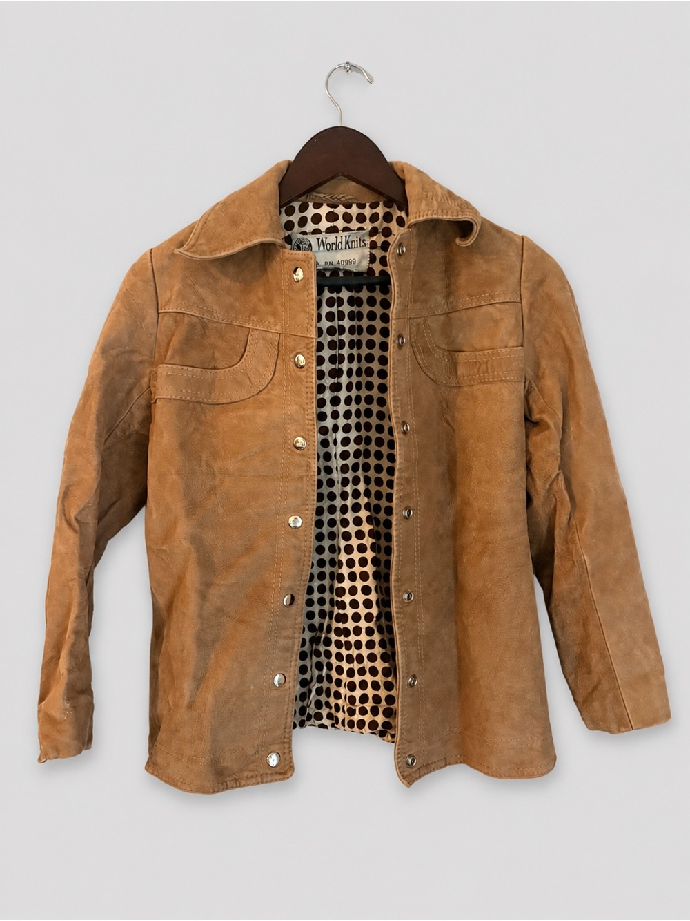 Vintage World Knits Genuine Leather Jacket Tan Size 10 Made in Hong Kong